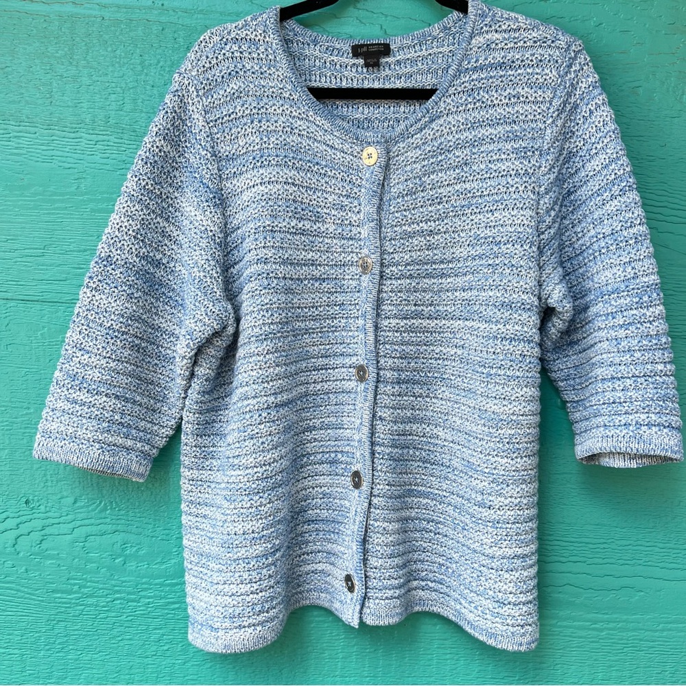 J.Jill Cotton Knit Cardigan Collarless Blue White 3/4 SLEEVES SIZE XL - Picture 2 of 9